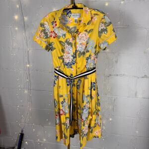 anthropologie donna morgan sporty floral shirtdress yellow belted size 8